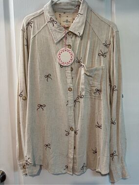 Umgee Beige Button-Up Shirt with Brown Bow Print